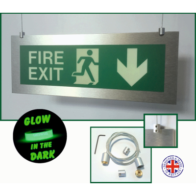 Fire Exit - Brushed Silver Hanging with arrow/Photoluminescent